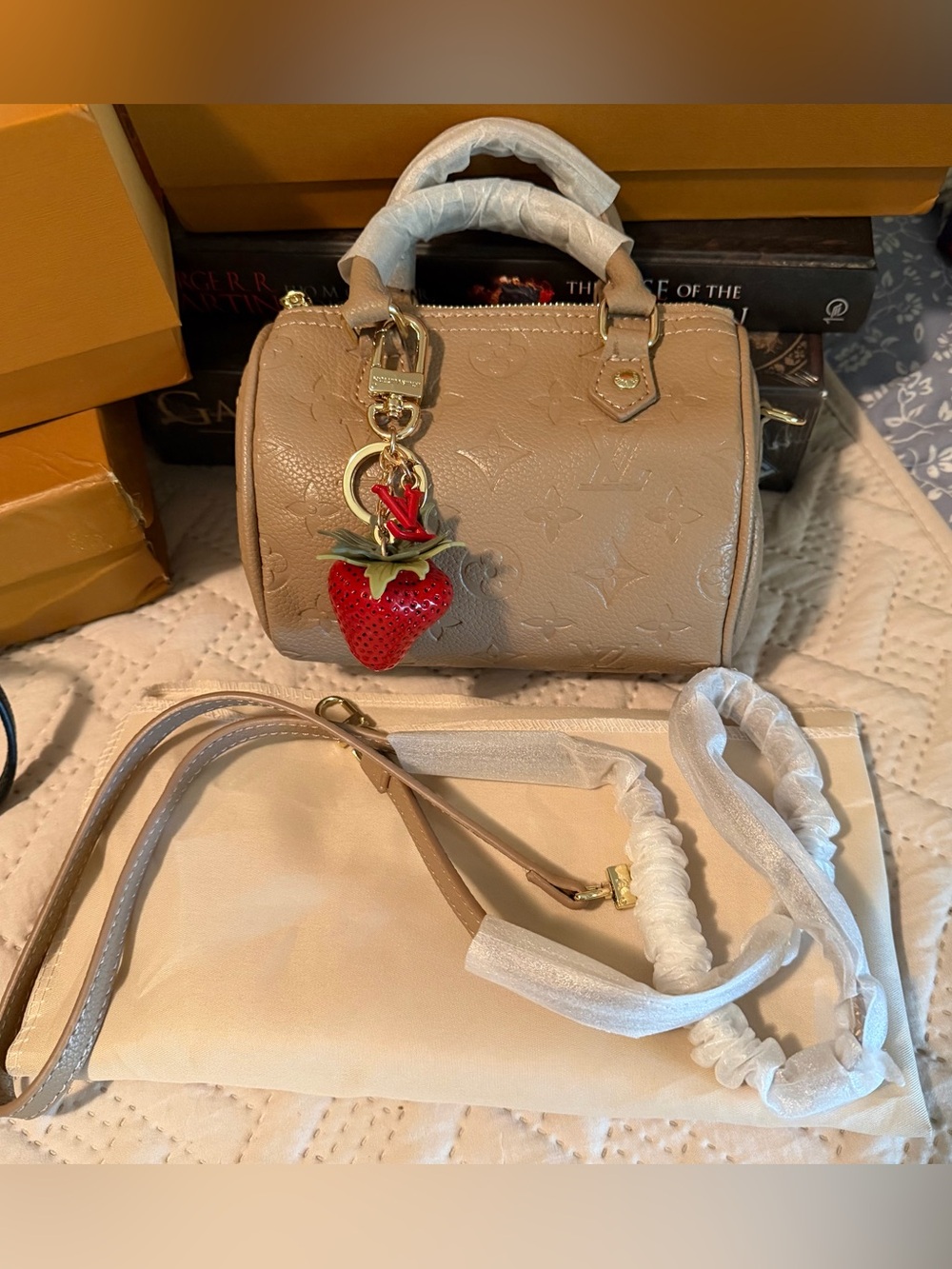 Fashionable Beige Embossed Leather Satchel with Strawberry Charm